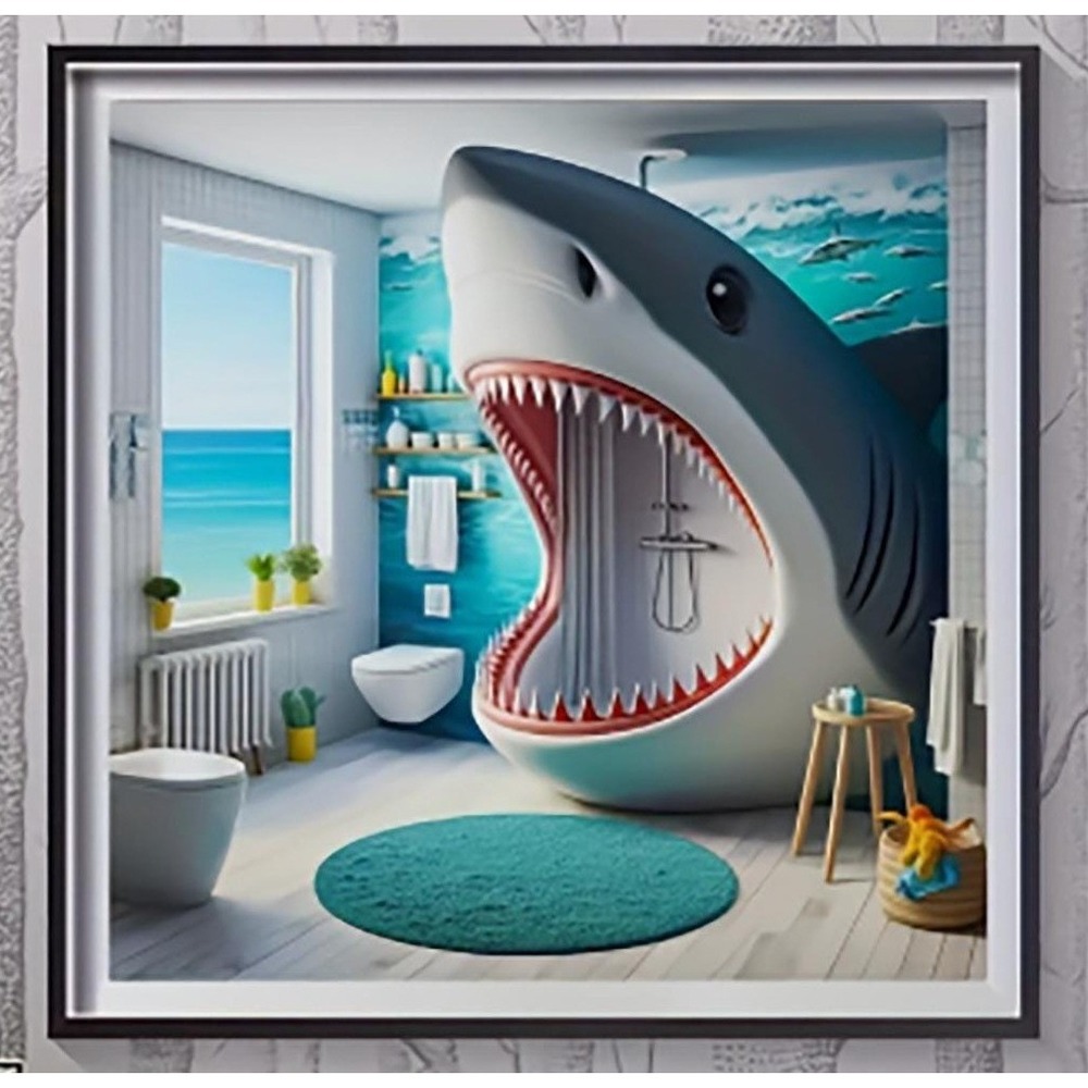 Fun + Funky Shark‎ Shower Bathroom Diamond Art Finished | Framed 13x13"
